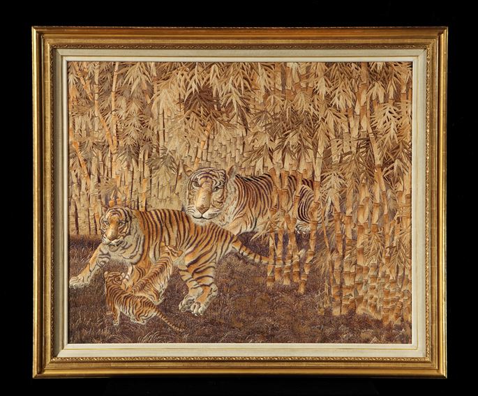 A VICTORIAN PERIOD JAPANESE EMBROIDERED SILK PANEL OF A TIGER FAMILY | MasterArt